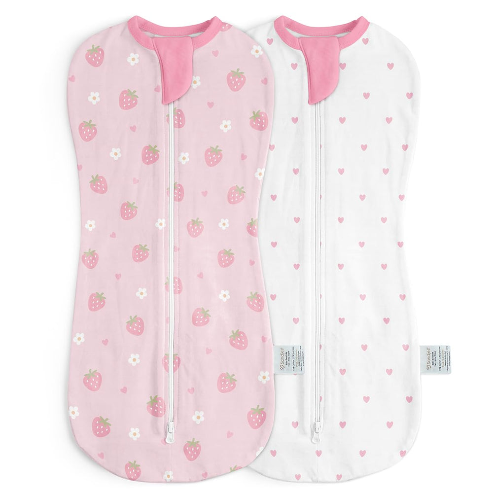SANDJEST baby swaddle 0-2 months arm-in zipper strawberry design for secure, calm sleep