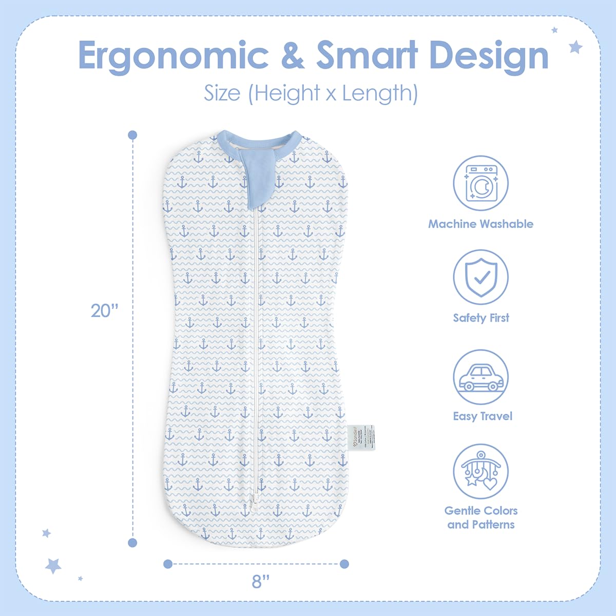 SandJEST baby swaddle with anchor print supports gentle newborn comfort