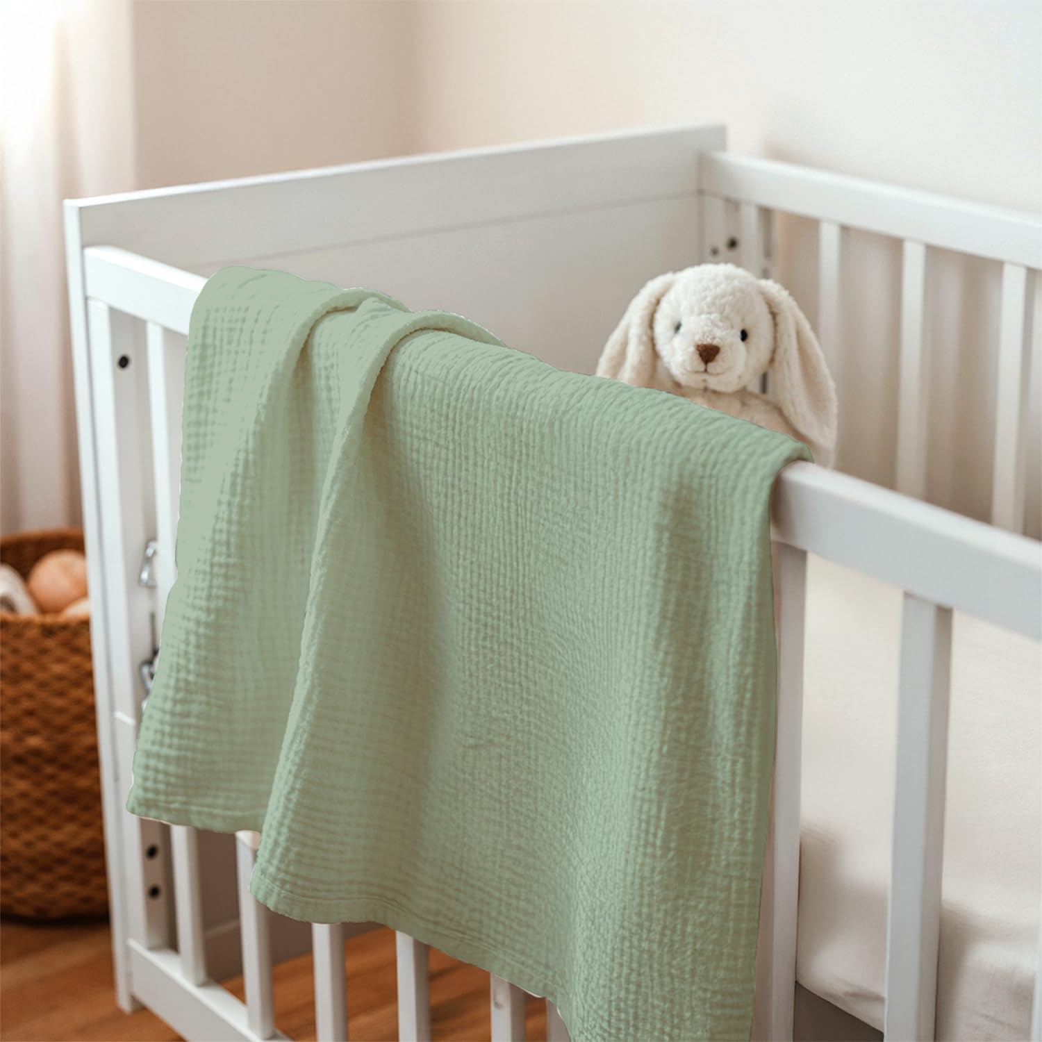 SANDJEST nursery blanket in a cheerful green tone enhances the space.