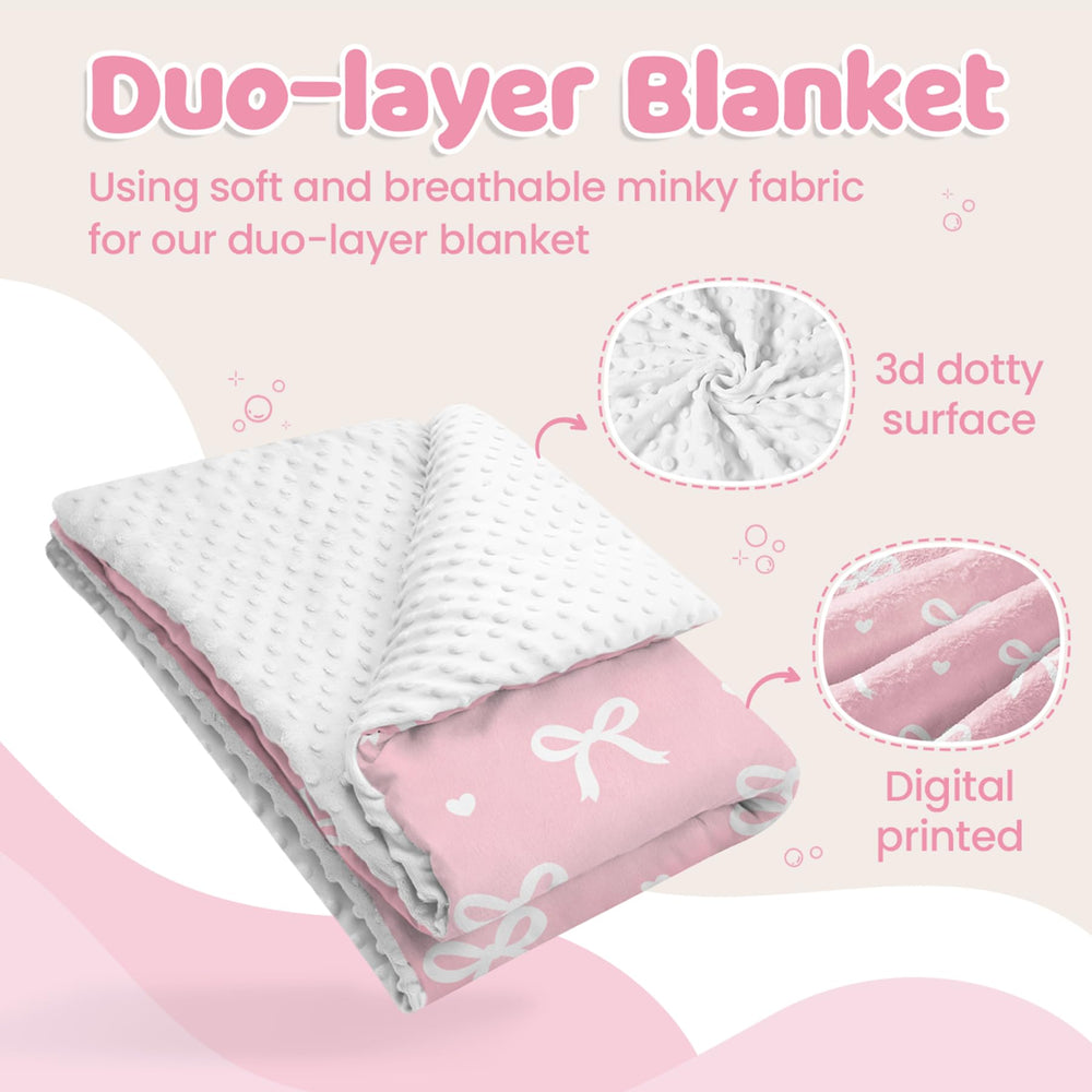 SANDJEST Bow Minky blanket dotted back, perfect for cozy sleep routines.