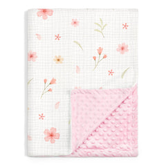 SANDJEST floral baby blanket with muslin side for breathable comfort.