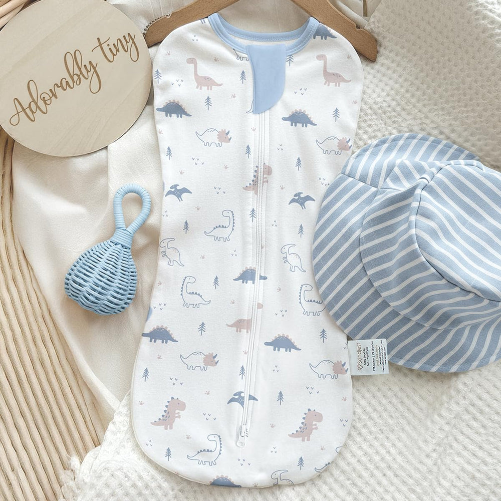 SANDJEST newborn wearable blanket in use for secure wrap