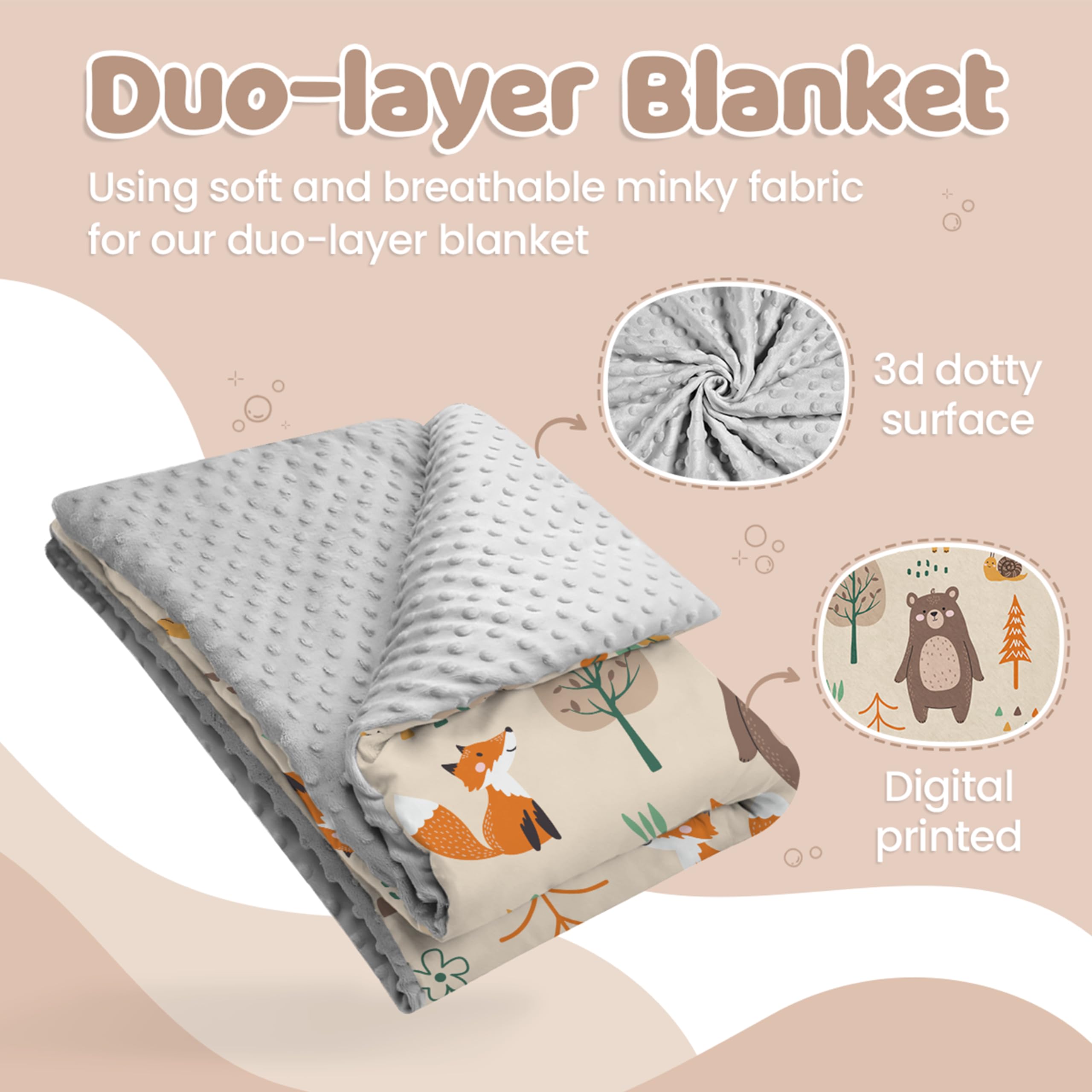 SANDJEST Woodland Animal Blanket back with 3D dots adds tactile softness