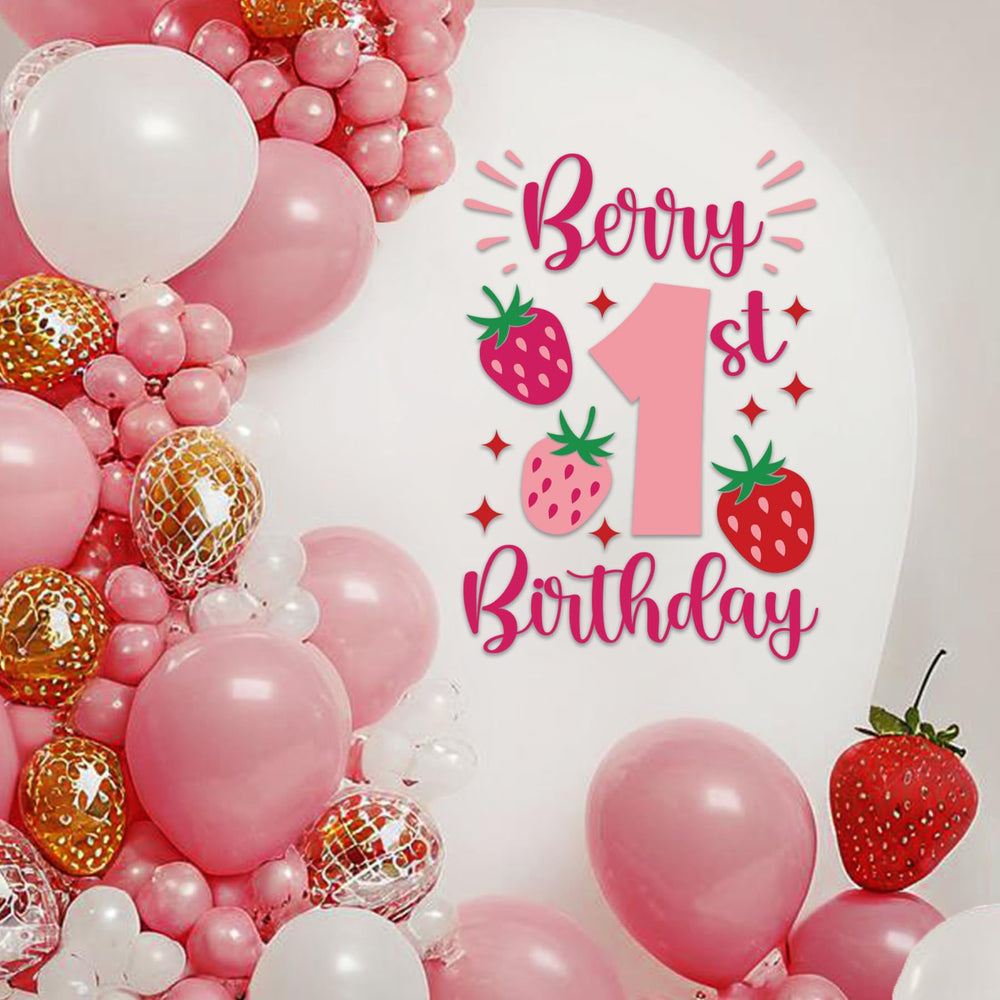 SANDOO Strawberry 1st Birthday decal for balloon arch creates a vivid backdrop