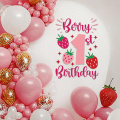 SANDOO Strawberry 1st Birthday decal for balloon arch creates a vivid backdrop