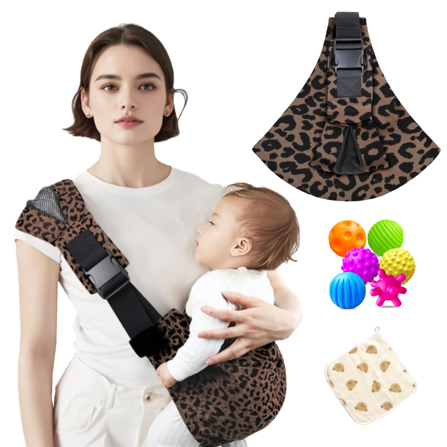 Sanilinwild Leopard baby sling setup demonstrates versatile carry options for parents