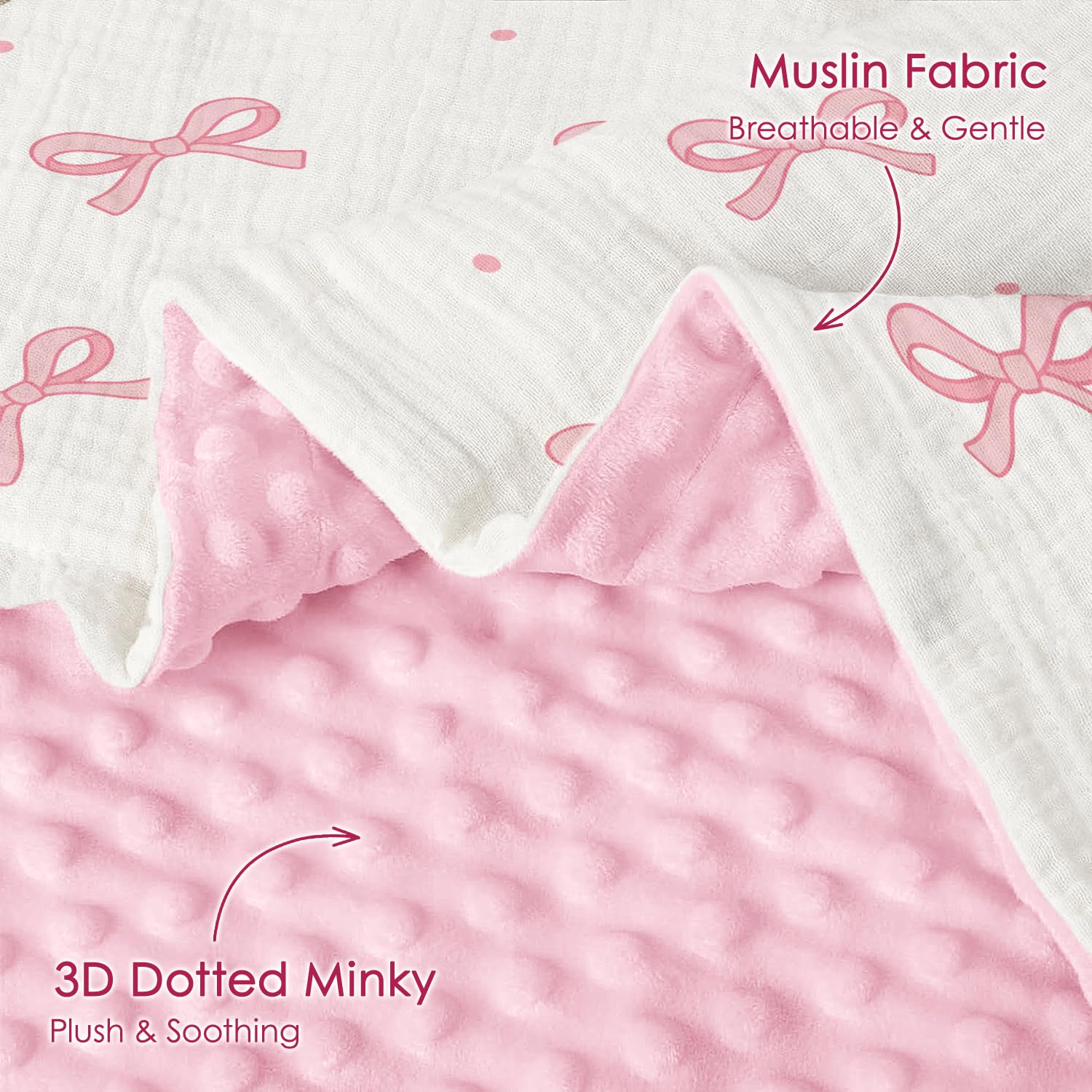 SANDJEST Bow Baby Blanket with dotted fleece back for warmth and coziness.