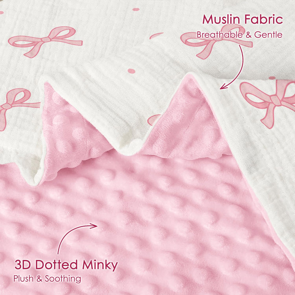 SANDJEST Bow Baby Blanket with dotted fleece back for warmth and coziness.