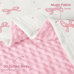 SANDJEST Bow Baby Blanket with dotted fleece back for warmth and coziness.