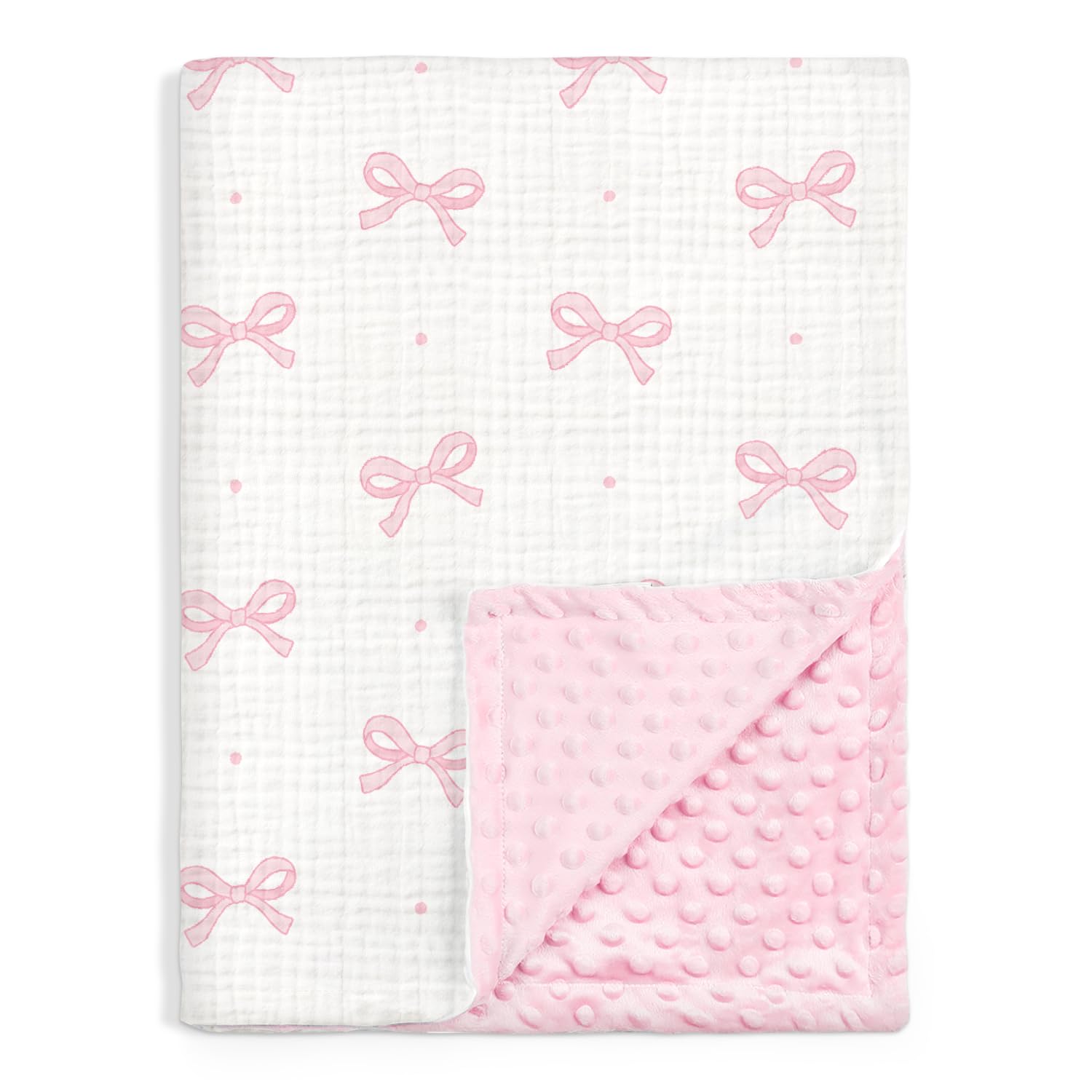 SANDJEST Bow Baby Blanket with muslin side for breathable, soothing comfort.
