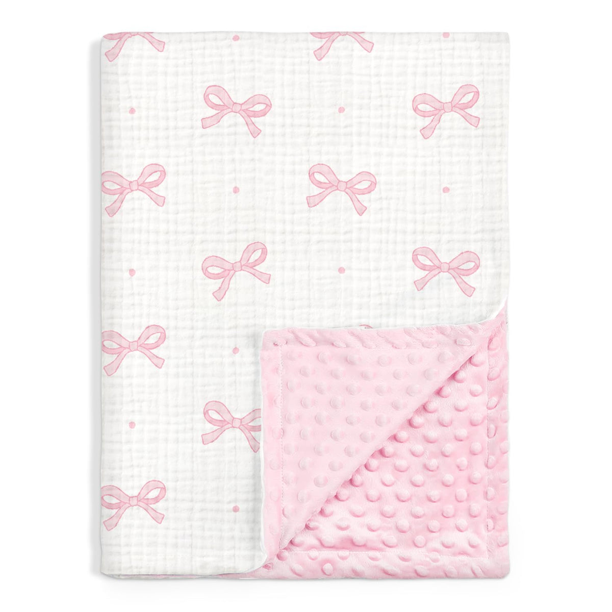 SANDJEST Bow Baby Blanket with muslin side for breathable, soothing comfort.