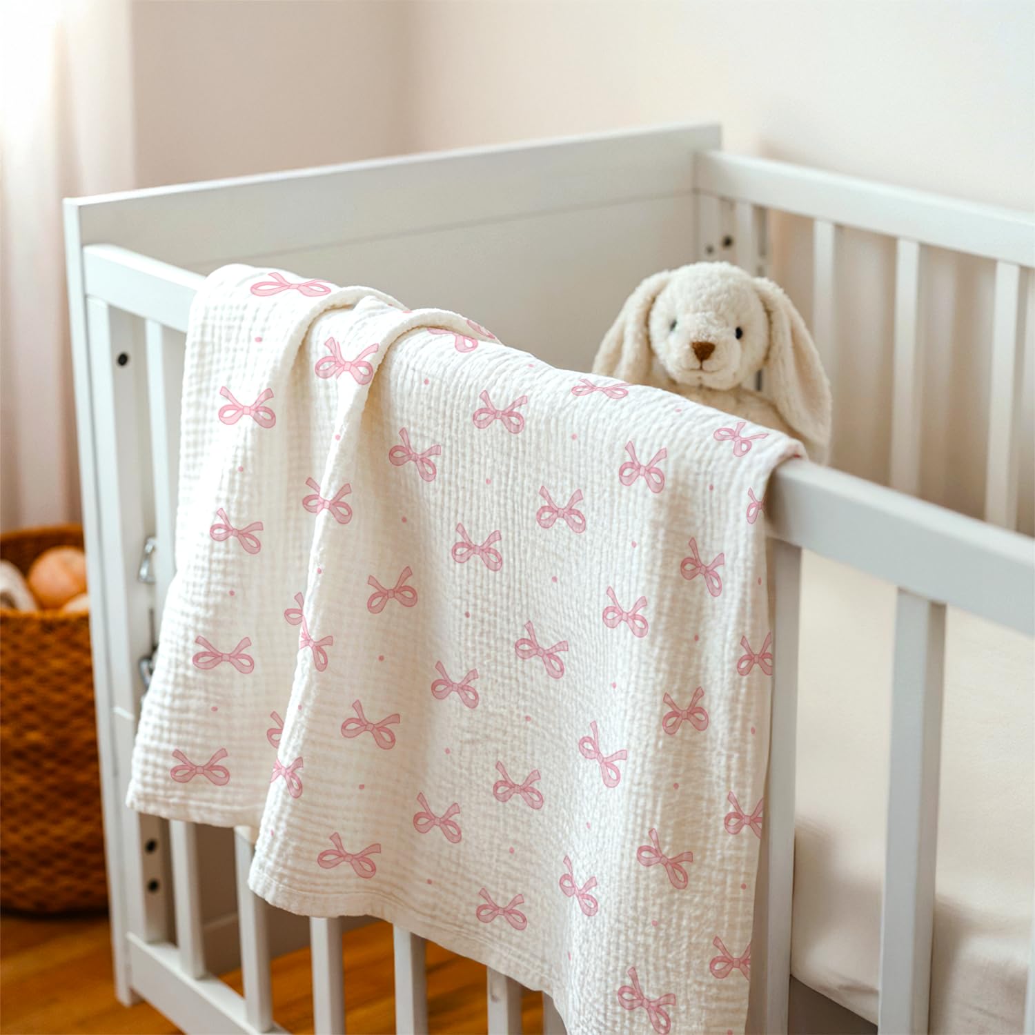 SANDJEST Bow Baby Blanket on a stroller for on‑the‑go use.