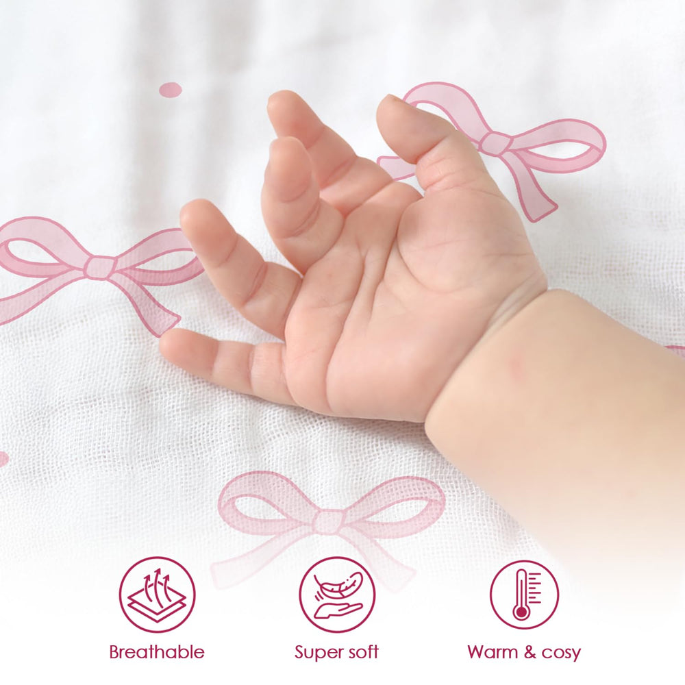 SANDJEST Bow Baby Blanket shown as a versatile swaddle or cover.