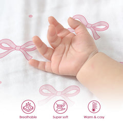 SANDJEST Bow Baby Blanket shown as a versatile swaddle or cover.