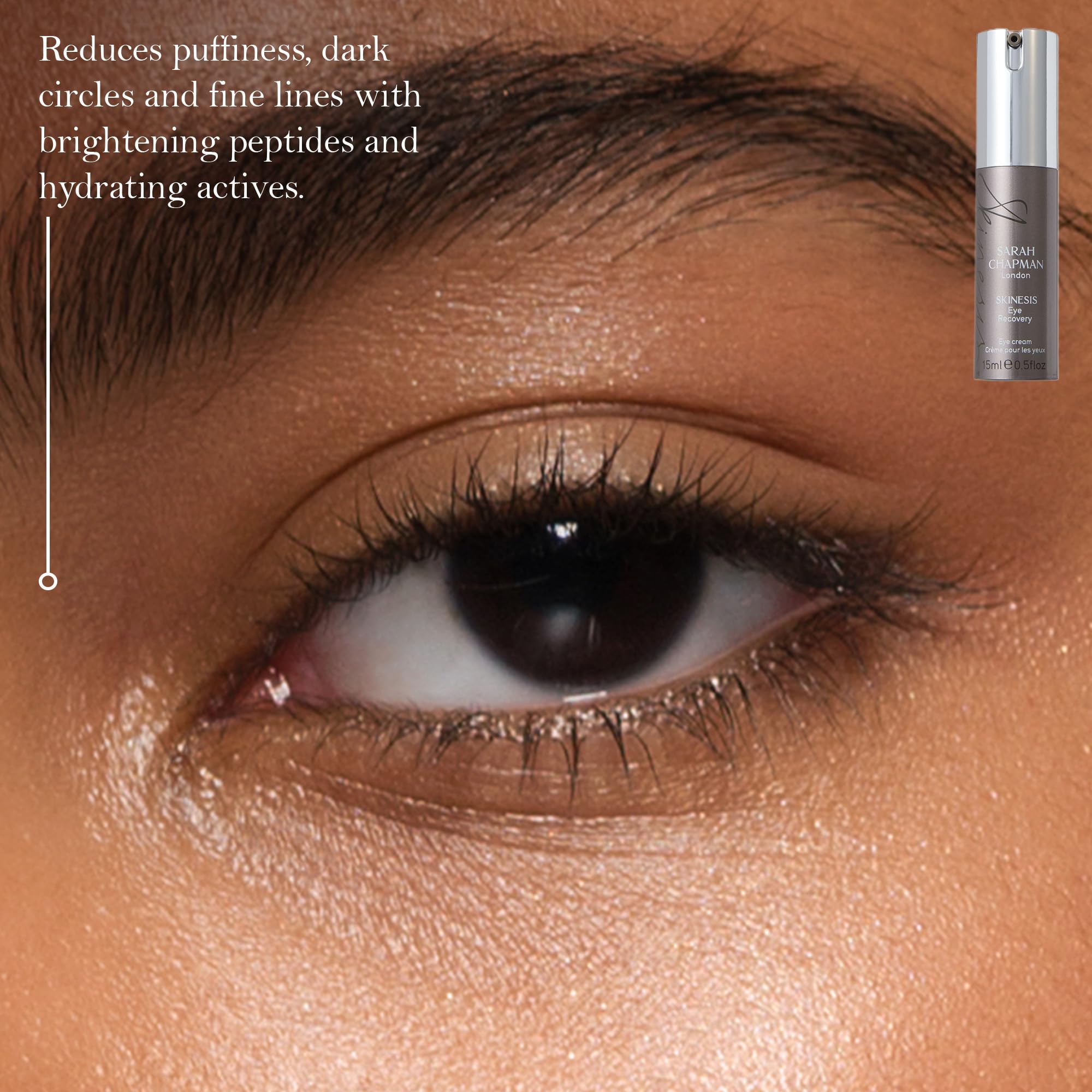 Eye contour after use appears smoother and brighter with Sarah Chapman Skinesis product.