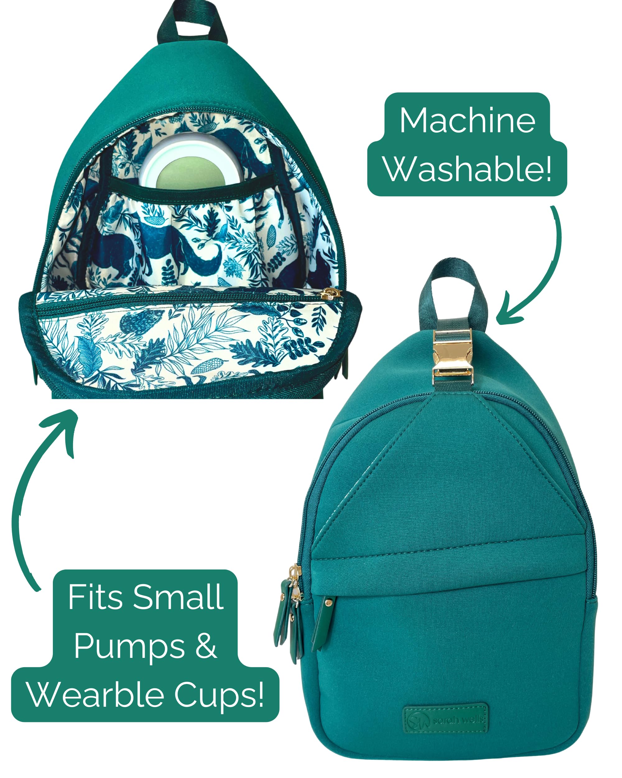 Inside elastic pocket on Sarah Wells Allie Sling Bag keeps wearable pump cups secure