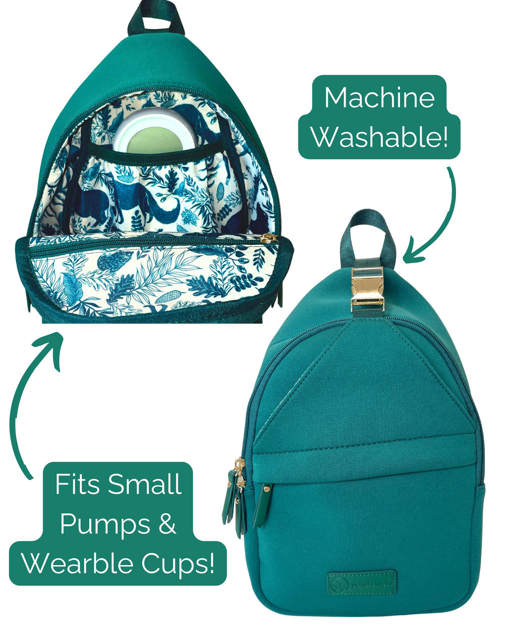 Inside elastic pocket on Sarah Wells Allie Sling Bag keeps wearable pump cups secure