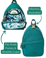 Inside elastic pocket on Sarah Wells Allie Sling Bag keeps wearable pump cups secure