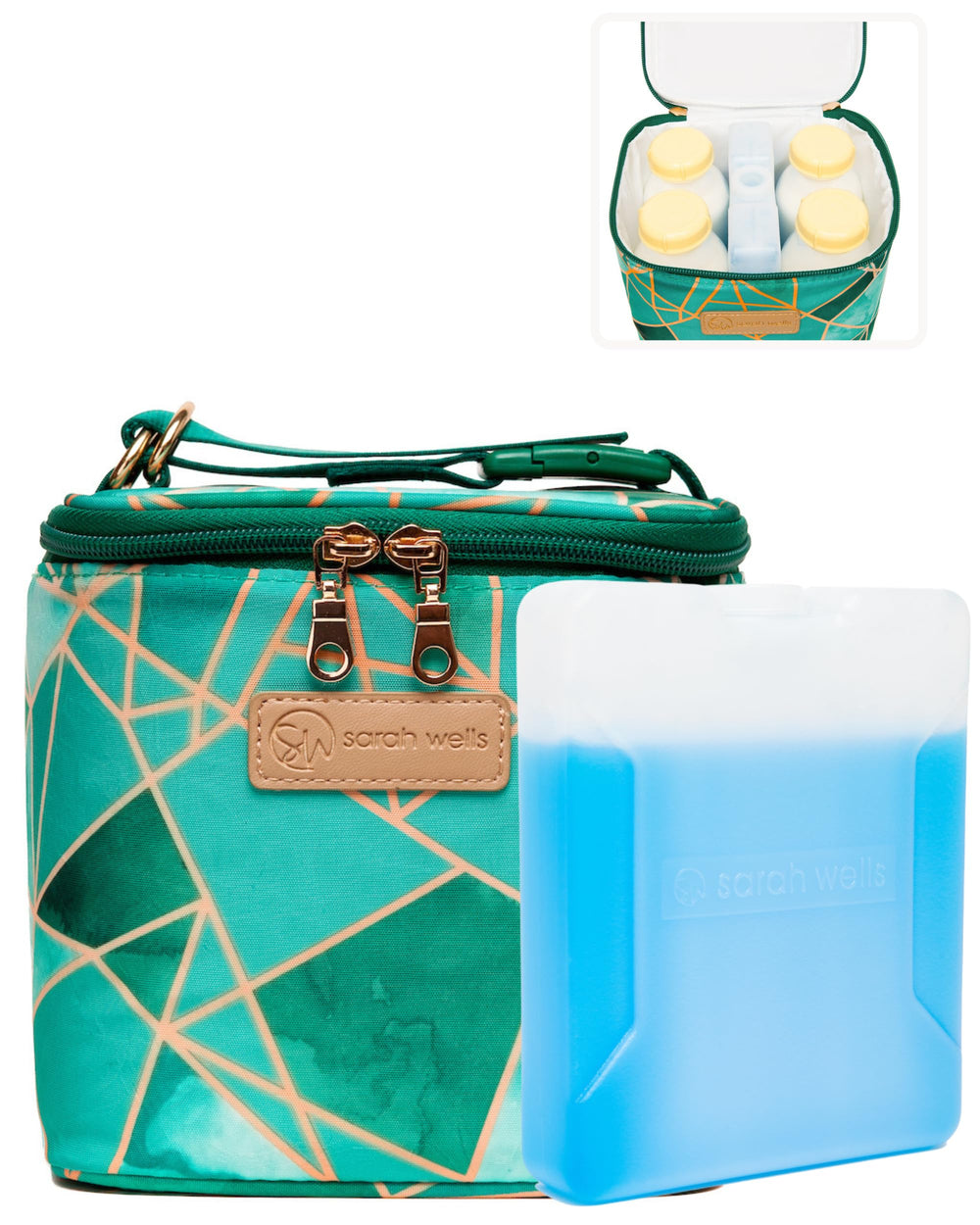 Sarah Wells Cold Gold cooler bag top view shows spacious main compartment for bottles
