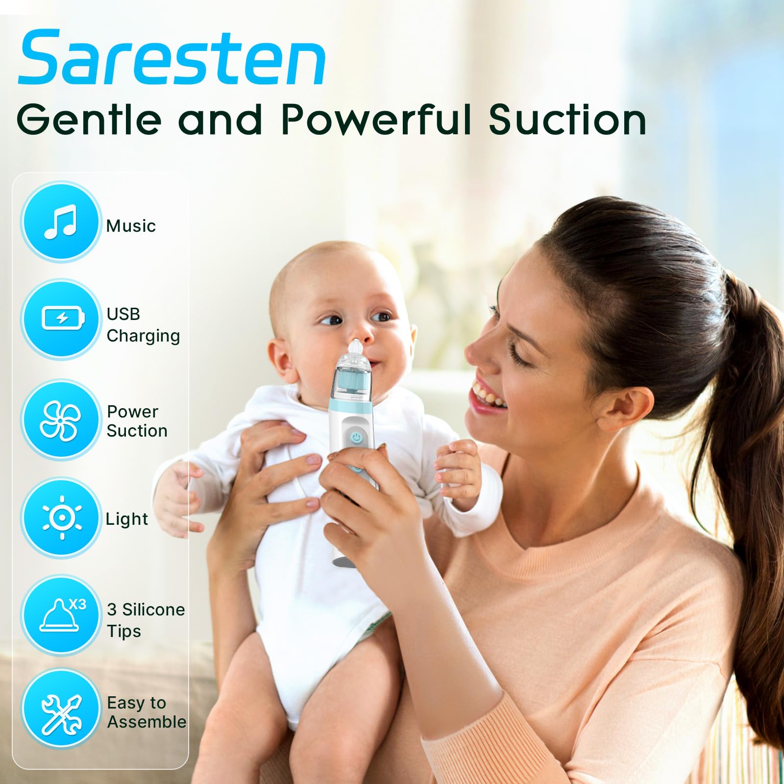 Saresten nasal aspirator with 3 silicone tips for different ages and gentle use