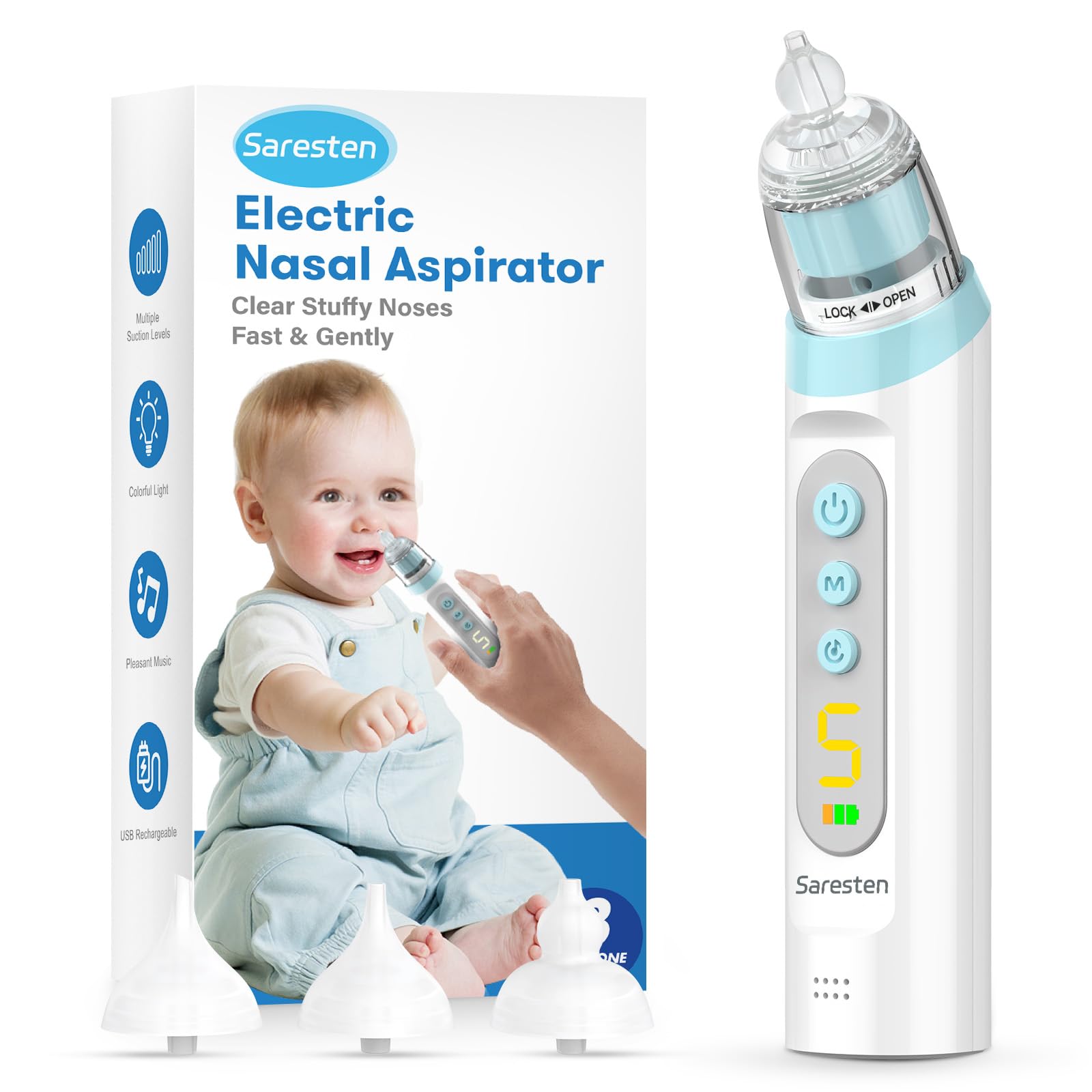 Saresten baby nasal aspirator front view, compact and travel-friendly for quick relief