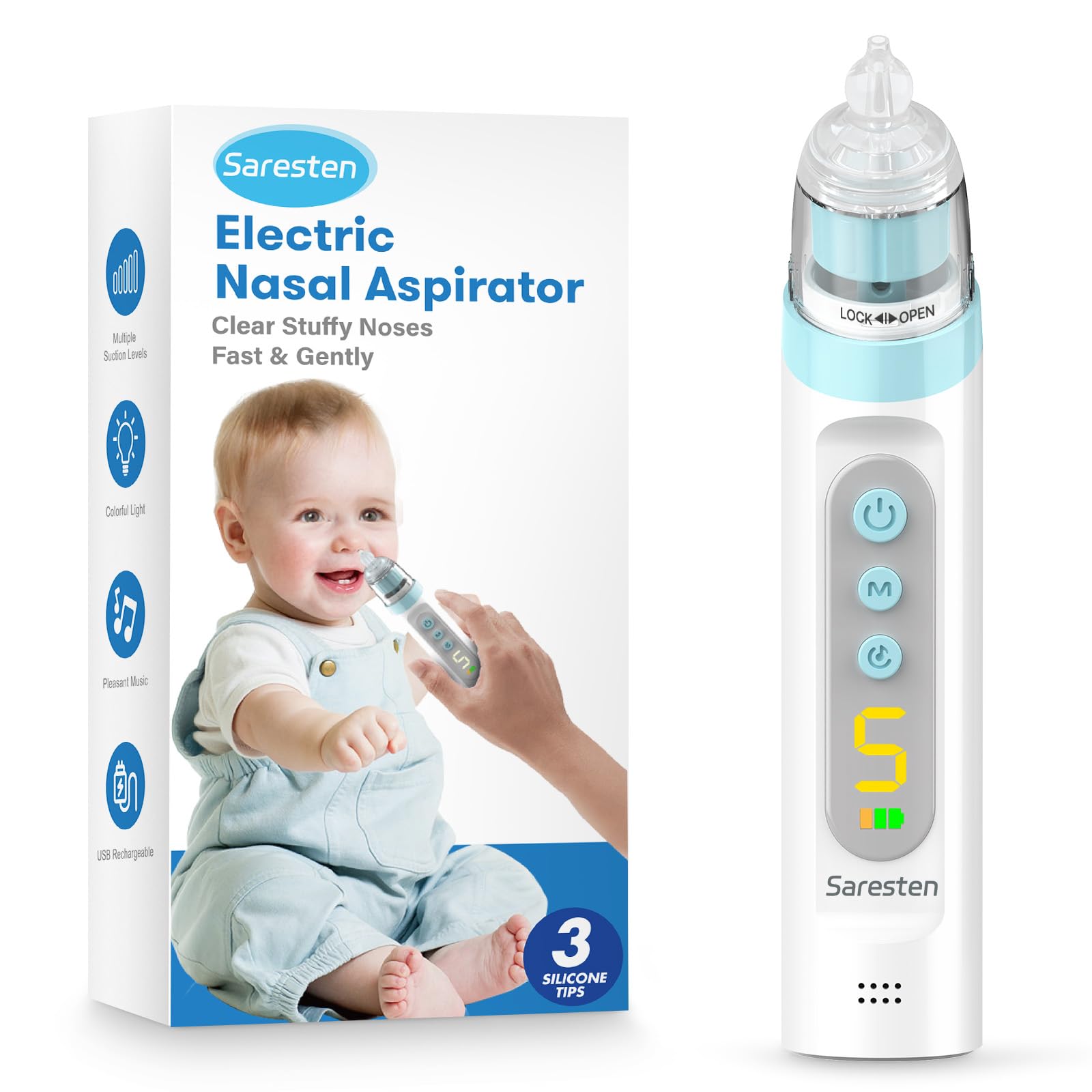 Saresten blue nasal aspirator color detail appealing to parents and infants