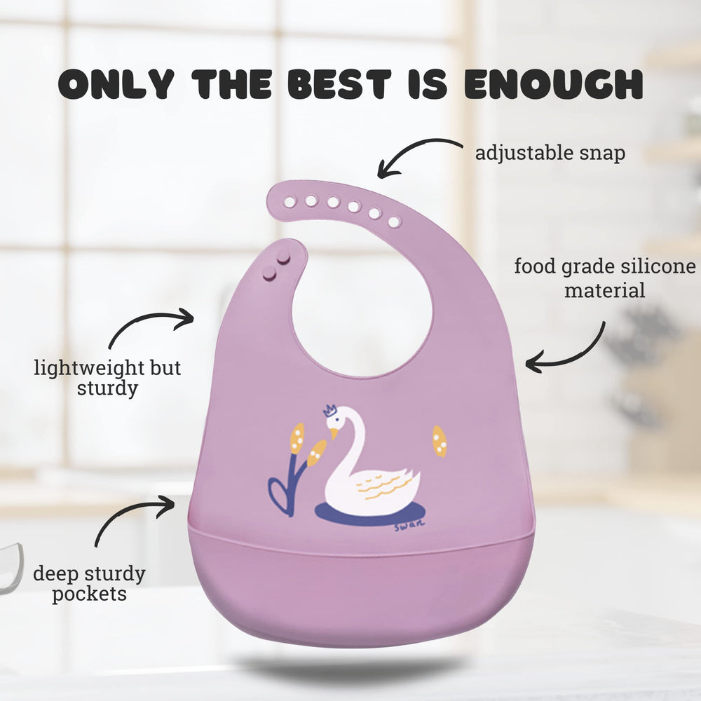 Sarvoza adjustable-back bib with six-hole fit for growing babies.