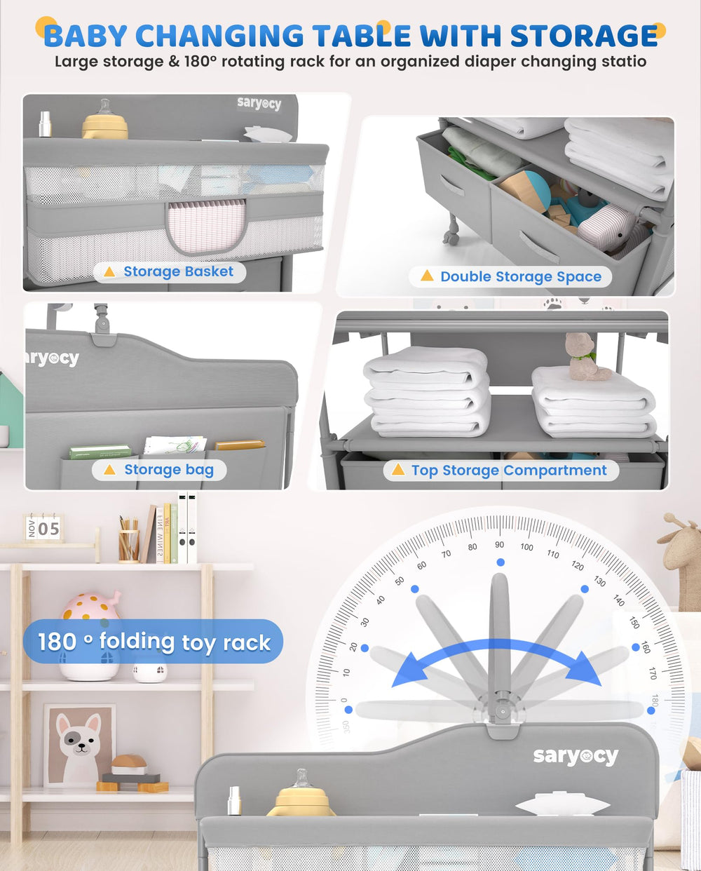Saryocy changing table showing guard rails and safety features for newborns