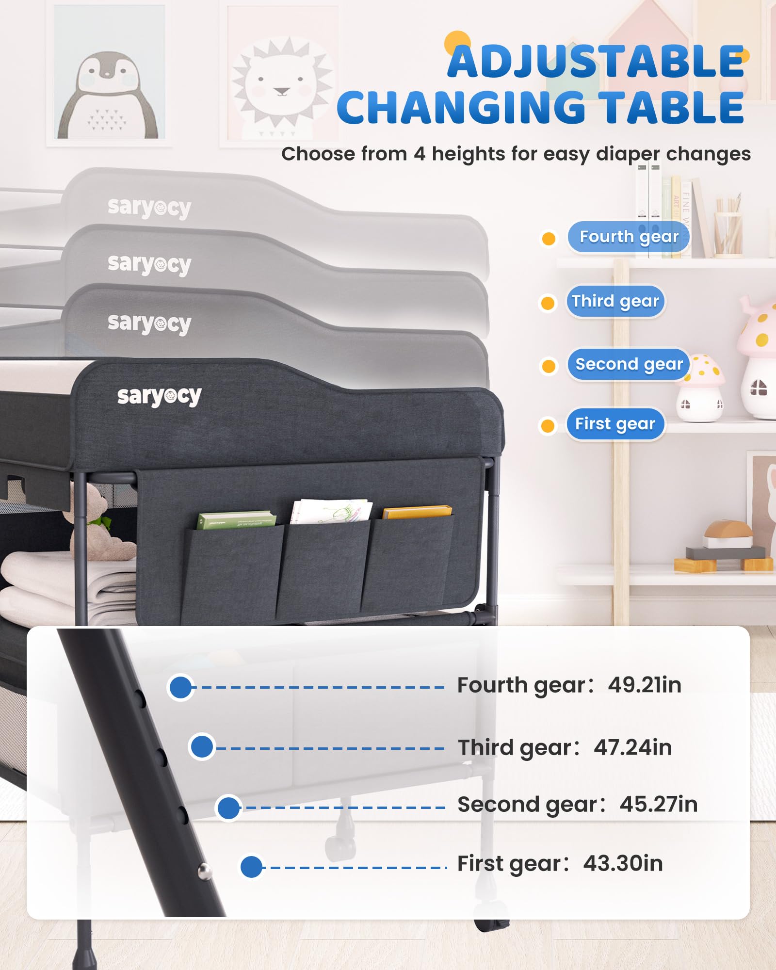 Saryocy changing table removable wheels enable smooth room-to-room movement