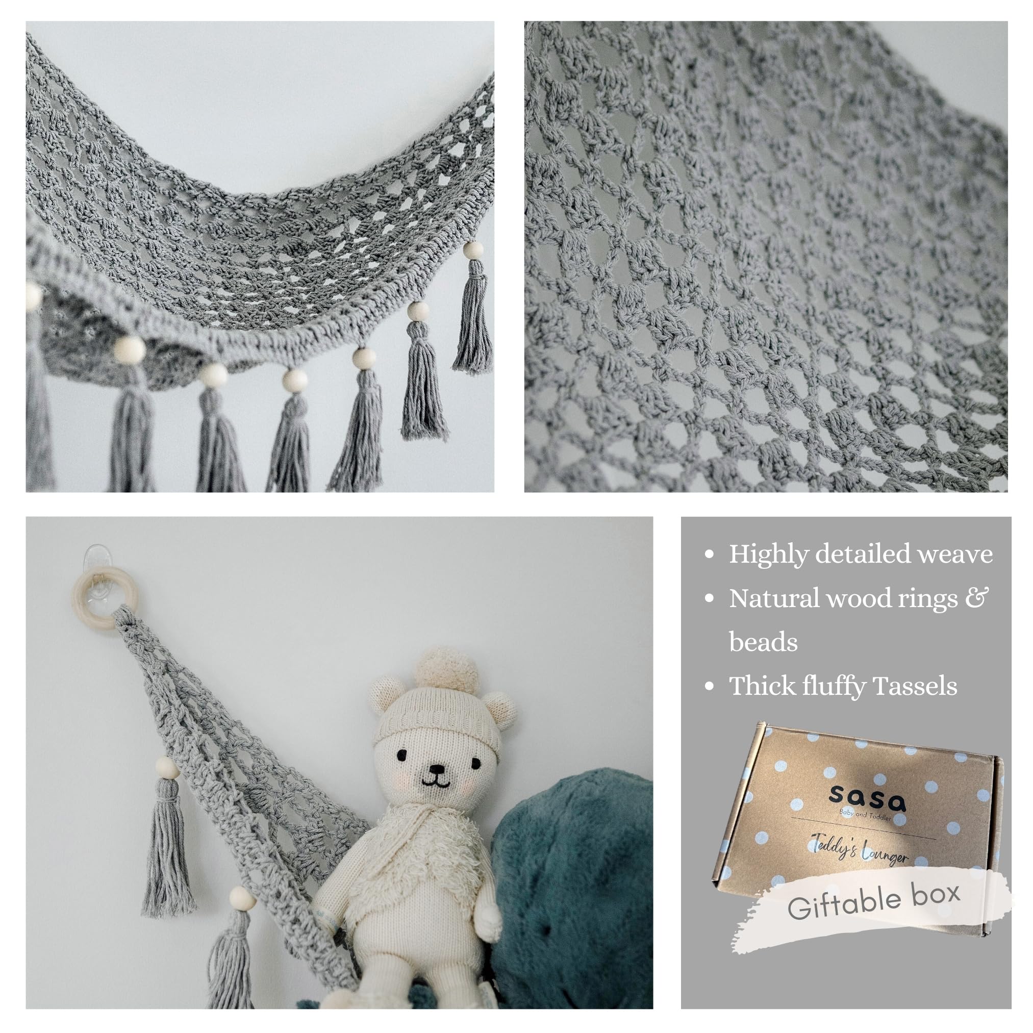 Sasa Baby and Toddler Macrame Toy Hammock includes easy installation hardware for quick setup.