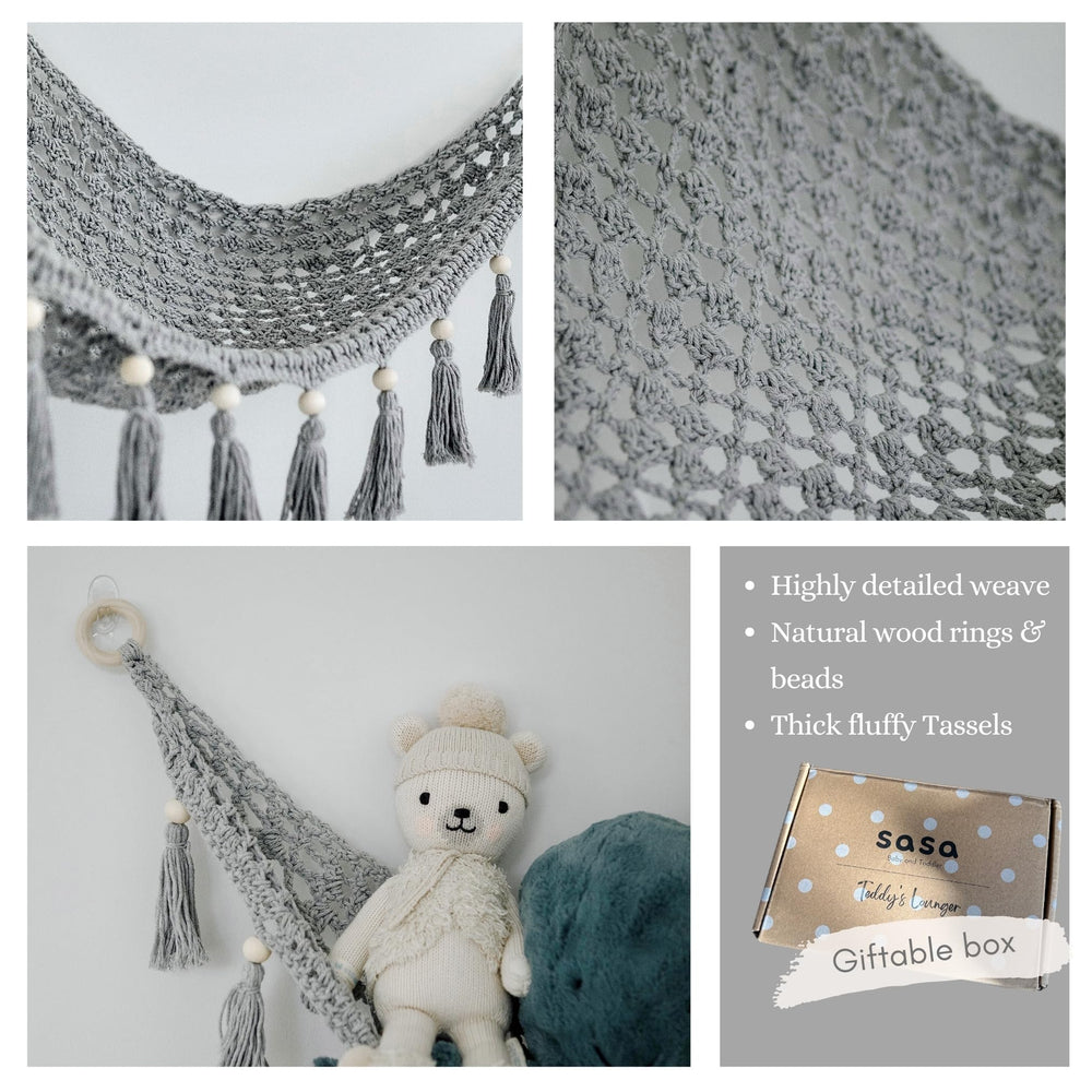 Sasa Baby and Toddler Macrame Toy Hammock includes easy installation hardware for quick setup.
