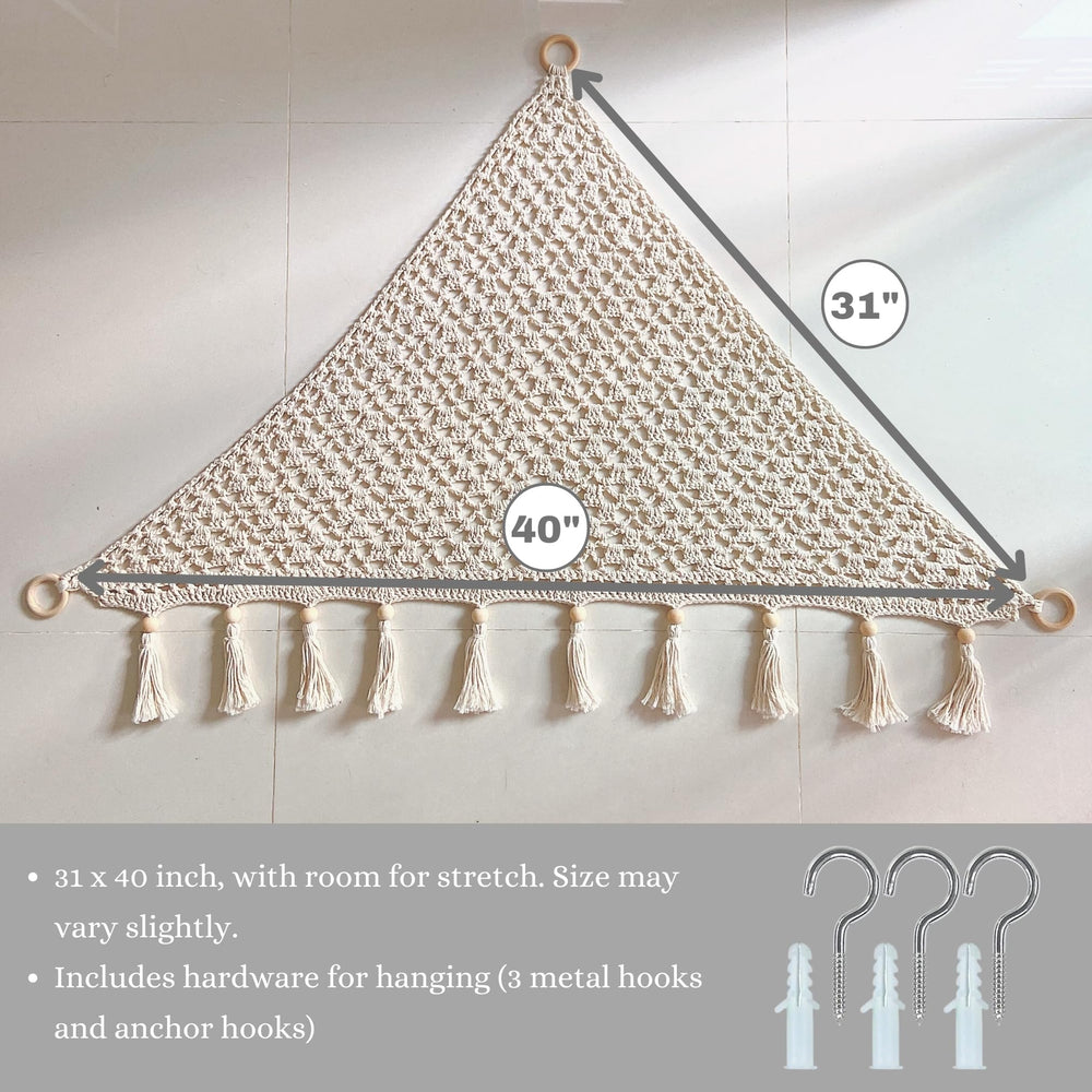 Sasa Baby and Toddler Macrame Toy Hammock helps neatly display toys in a tidy nursery.