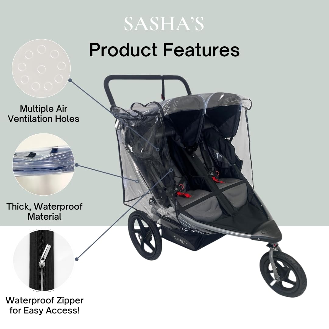 SASHA'S rain cover side vents provide ventilation for comfort