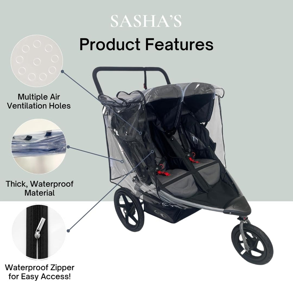 SASHA'S rain cover side vents provide ventilation for comfort