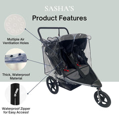 SASHA'S rain cover side vents provide ventilation for comfort