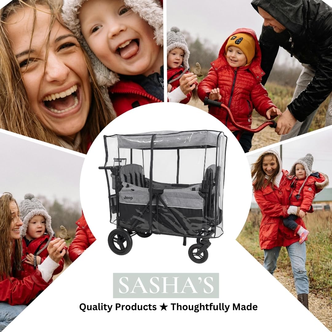 SASHA'S rain cover is easy to install and store.