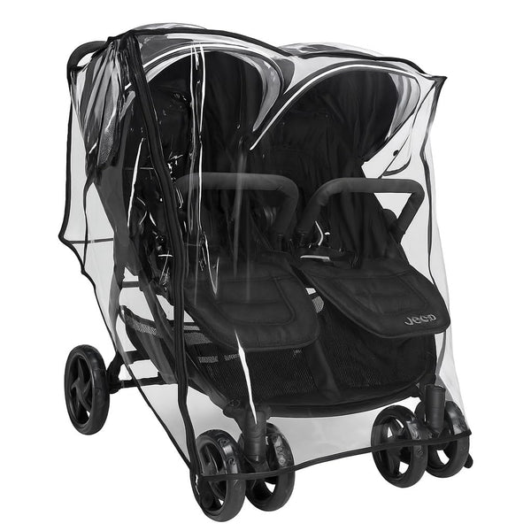 SASHA'S rain-cover on Jeep Destination Double Stroller provides full rain protection.