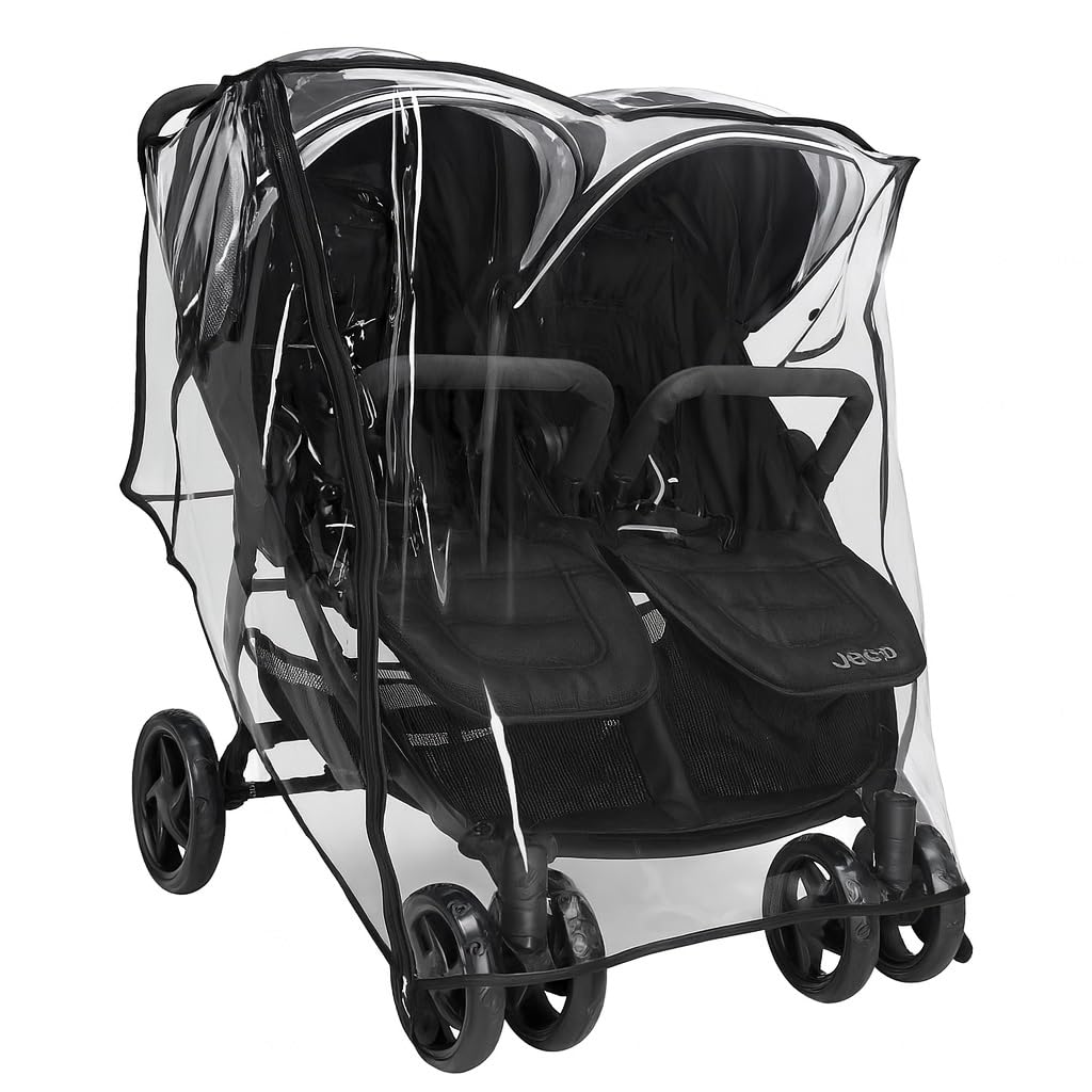 SASHA'S rain-cover on Jeep Destination Double Stroller provides full rain protection.
