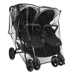 SASHA'S rain-cover on Jeep Destination Double Stroller provides full rain protection.