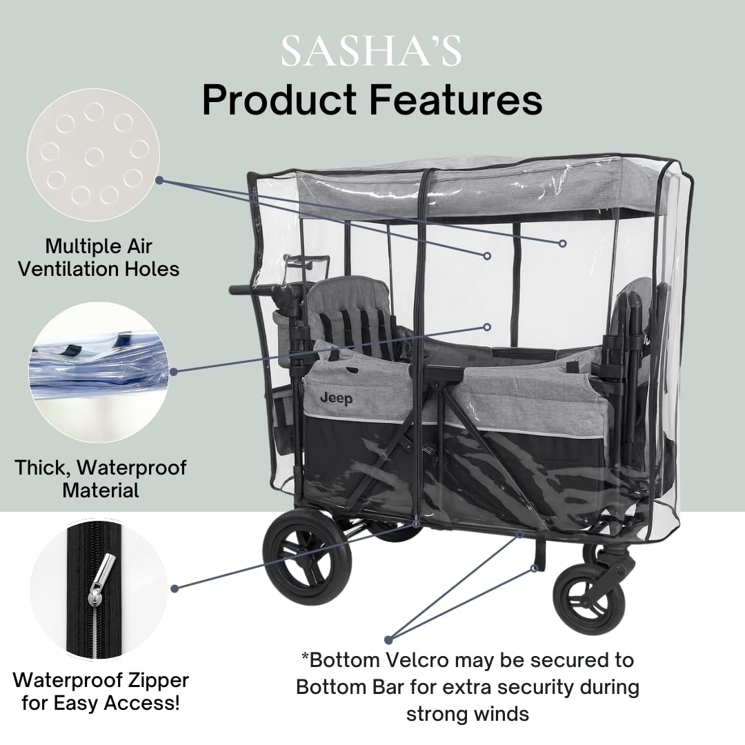 SASHA'S rain cover side zipper access enables quick entry without removing the cover.