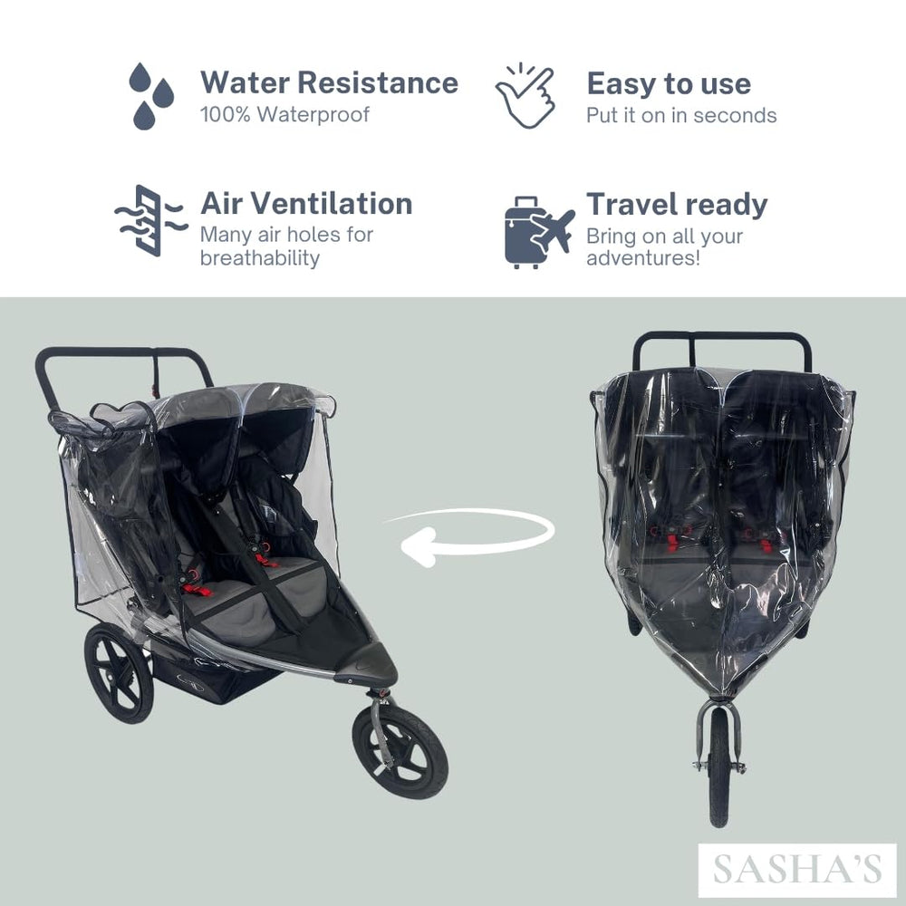 SASHA'S travel-friendly rain cover folds compactly for on-the-go use
