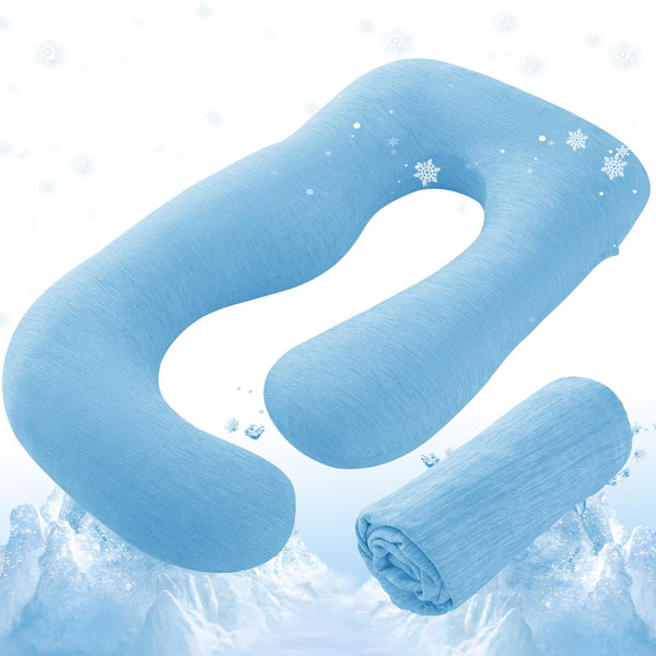 Sasttie cooling pillow cover blue for 57-inch U-shaped pillow, breathable comfort.