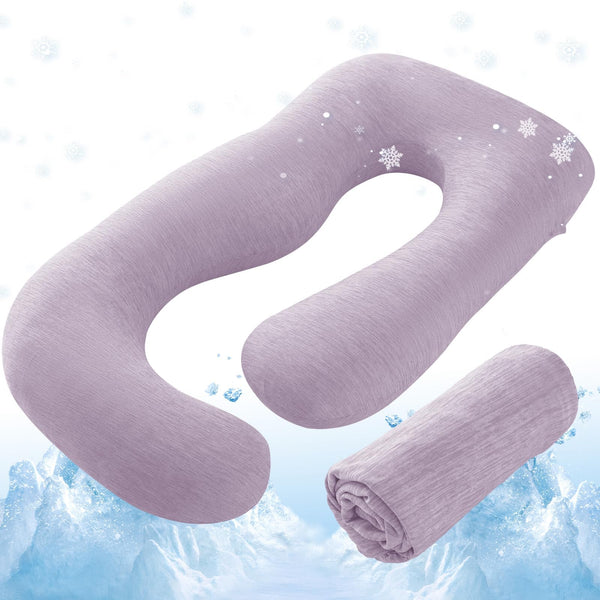 Sasttie cooling pregnancy pillow cover Lavender close-up shows silky cooling fabric.