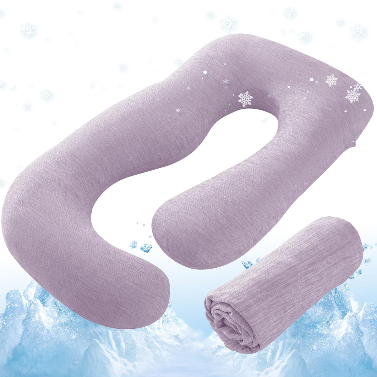 Sasttie cooling pregnancy pillow cover Lavender close-up shows silky cooling fabric.