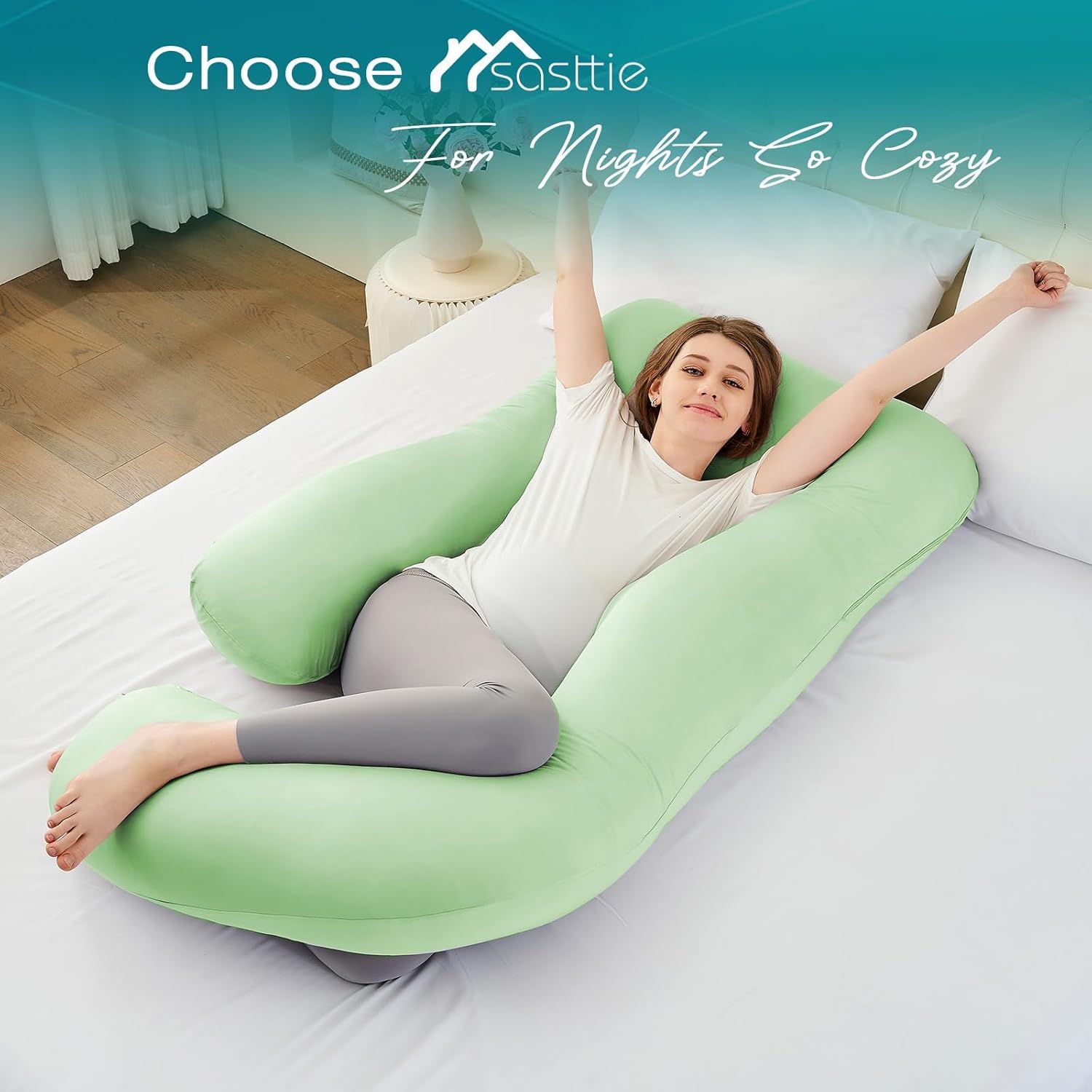 Sasttie maternity pillow offers everyday comfort and rest-support for expecting moms.