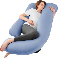 Sasttie ergonomic U-shaped pregnancy pillow supports shoulders and back for overnight comfort.