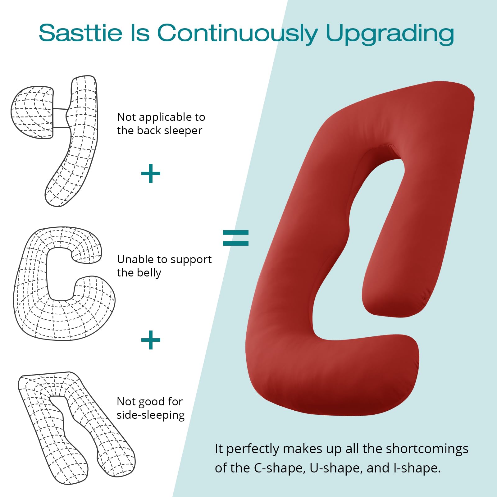 Sasttie pregnancy pillow on bed full view illustrates 57‑inch coverage for total body wrapping.