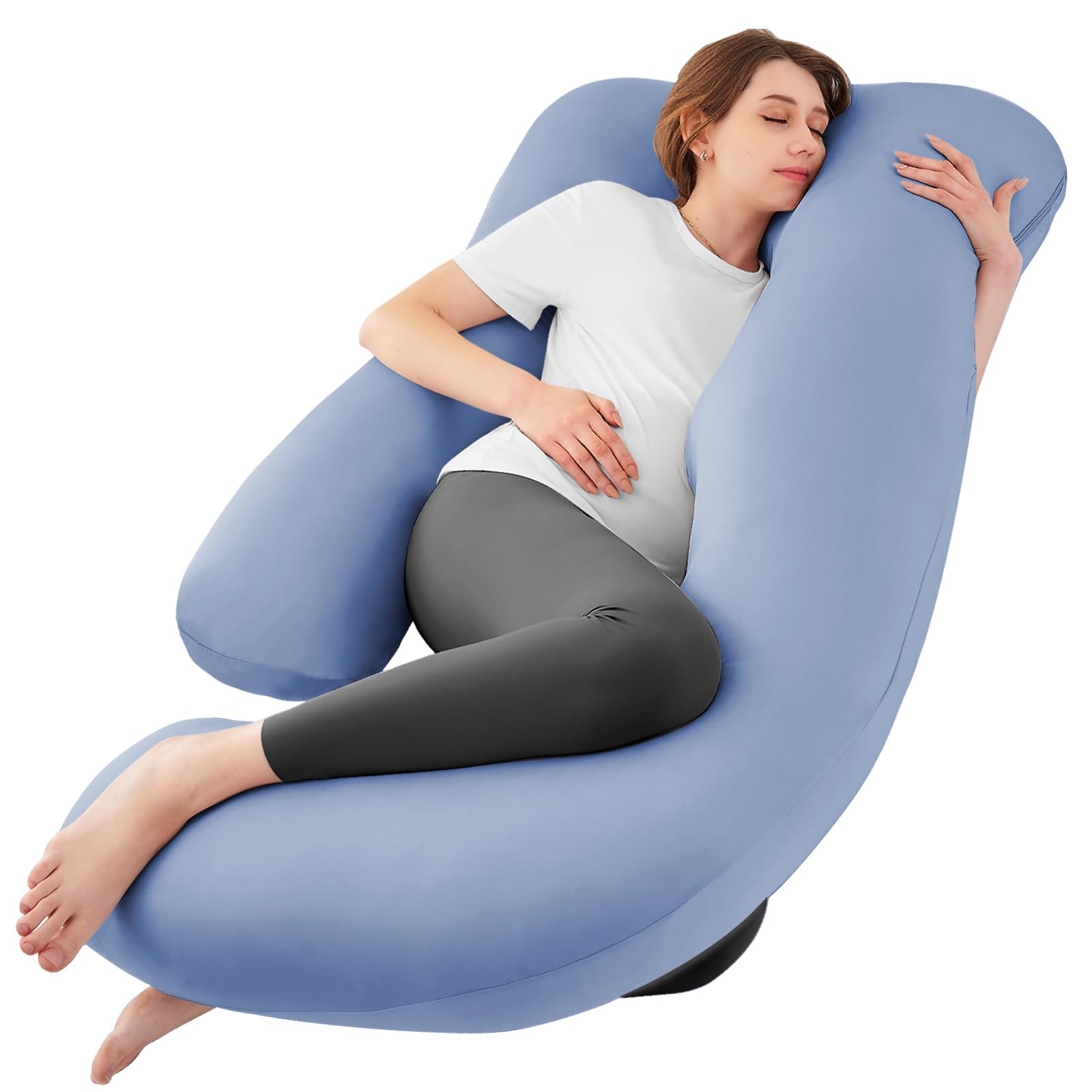 Sasttie U-shaped pregnancy pillow with blue cover supports shoulders and belly.