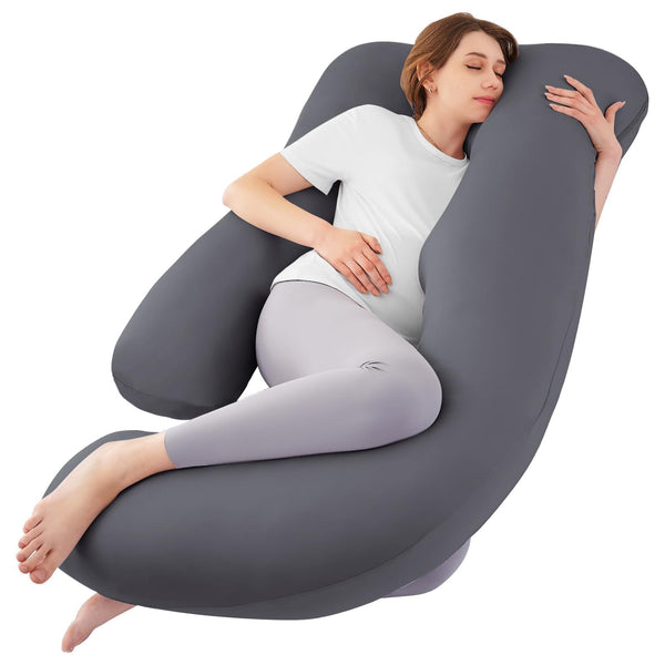Sasttie U‑shaped pregnancy pillow closeup showing supportive curvature for shoulders and back