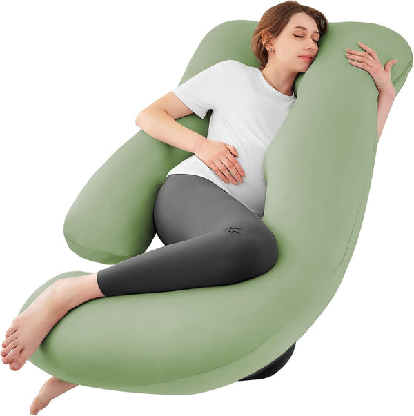 Sasttie U-shaped pregnancy pillow with cooling cover offering ergonomic support.